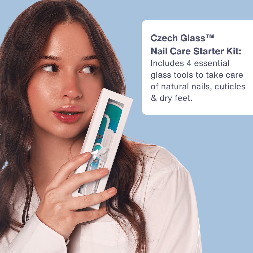 Model holding Czech Glass Nail Care Starter Kit featuring 4 essential glass tools for nail, cuticle, and foot care.