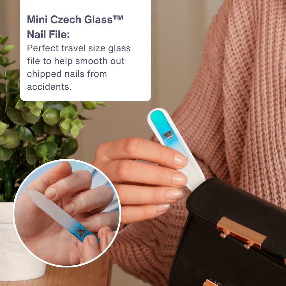 Mini Czech Glass nail file shown being used to smooth nails, ideal for travel and on-the-go nail care.