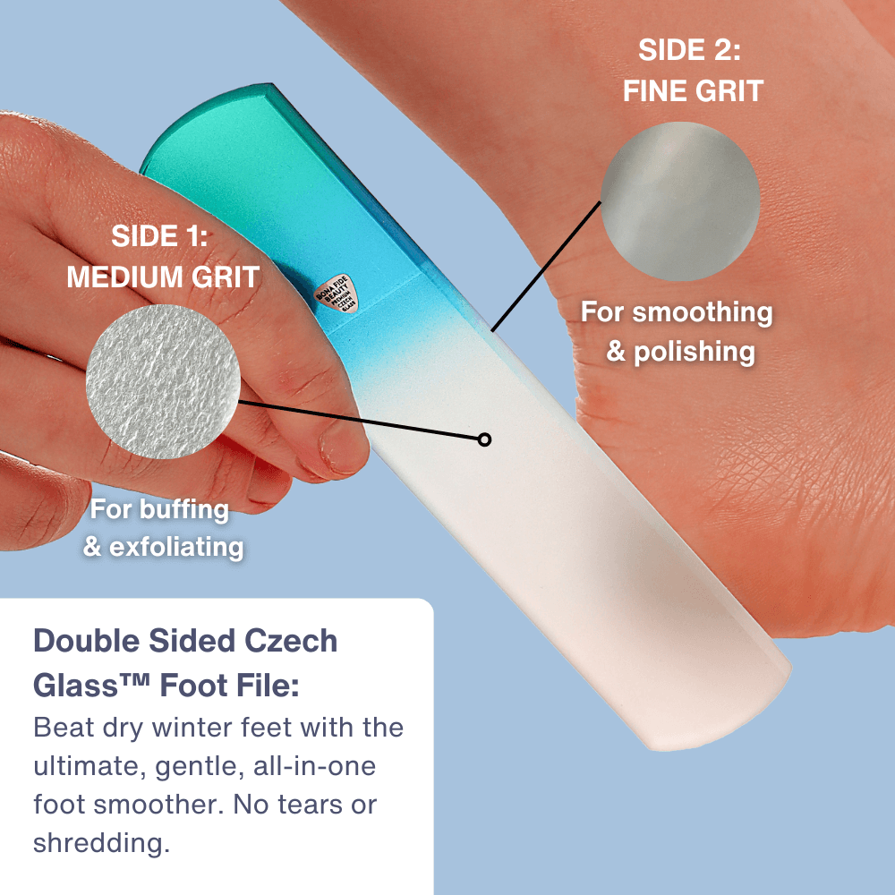 Double Sided Czech Glass Foot File showing medium and fine grit sides for buffing and smoothing.