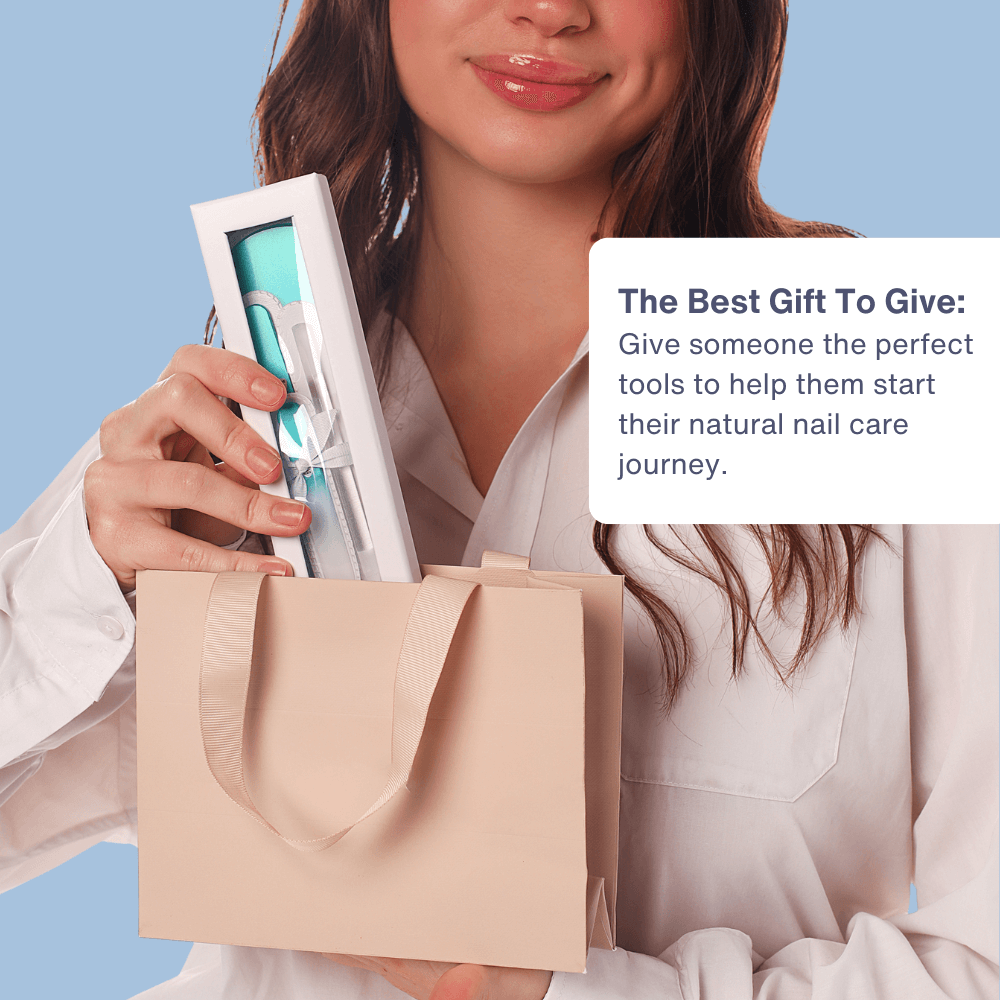 Woman holding the 4-Piece Czech Glass File Starter Kit in a bag, perfect for natural nail care.