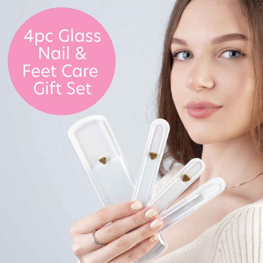 4-Piece Czech Glass File Starter Kit in Clear displayed by a young woman holding glass nail tools