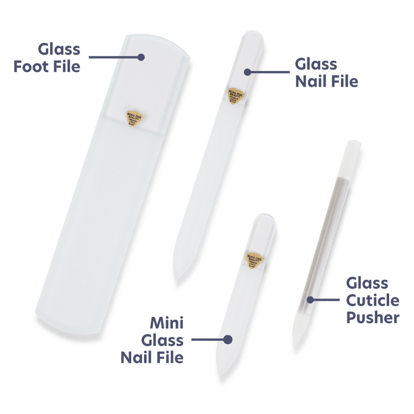4-Piece Czech Glass File Starter Kit in Clear featuring glass foot file, glass nail file, mini glass nail file, and glass cuticle pusher.